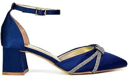 Womens Wedding Shoes Block Low Heel Ladies Ankle Strap Pointed Toe Sparkly Diamante Trim Navy Bridal Evening Party Court Shoes 7