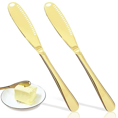 CHGShine 3 In 1 Multi-Function Gold Butter Knife for Cold Butter, Peanut Butter, Sandwich, Bagel, Jams, Shea Butter Knife, Cheese Curler and Spreaders Set (2 PCS)