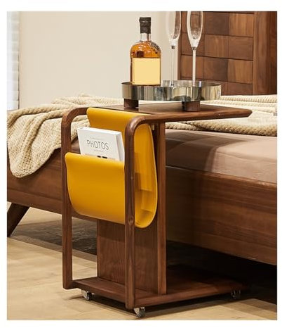 WAOCEO Table de Bout en Verre trempé Côté canapé en Noyer Noir Plusieurs, Petite Table Basse de Luxe, Table d’appoint en Bois, Petite Table Mobile Table de Bout Ronde