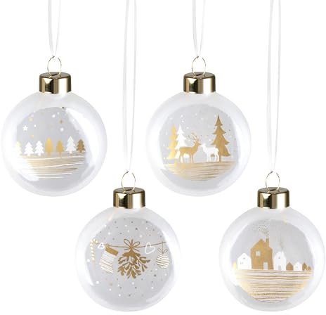 Kleine Frost Medaillons im 4er Set mit Gold, handgefertigt | handgefertigte Weihnachtskugeln aus Klarglas in 4 verschiedenen Design als Weihnachtsdeko, 5 cm Durchmesser, zum Dekorieren