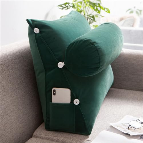 Treer Rückenkissen Lesekissen Keilkissen für Bett Sofa, Großes Lendenkissen Rückenlehne Dreieckigen Abnehmbarem Bezug Kopfteilkissen Bettkissen mit Seitenfach - Einfarbig (60 * 50 * 20cm,Dunkelgrün)
