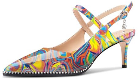 Castamere Donna Cinturino alla Caviglia Slingback Pumps Medio Gattini Tacco Heel Sandali Chiusa a Punta Fibbia Dress Scarpe 6.5 CM Heels Graffiti Colorati 44 EU