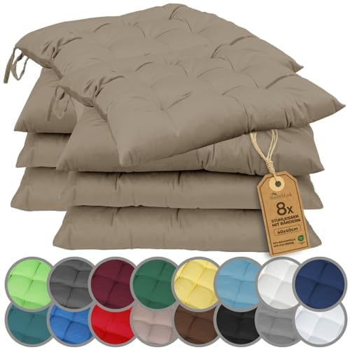 NatureMark Lot de 8 Galettes de Chaises avec Rubans 40x40 cm – Coussin de Chaise Épais pour Intérieur & Jardin – Couleur Sable/Beige