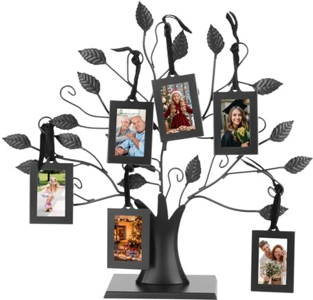 Marco de fotos para árbol genealógico, marco para fotos familiares, árbol de exhibición, fotos familiares de metal, árbol con ramas y hojas, (con 6 marcos de fotos de 6,4 x 4,6 cm)