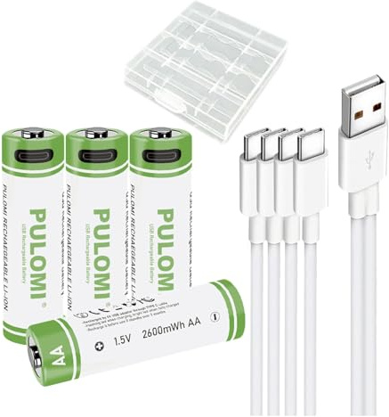 Lot de 4 piles rechargeables USB AA lithium-ion - 1,5 V - 2600 mWh - 1 heure de charge rapide - 1200 cycles avec câble de charge de type C - Protection contre la surcharge