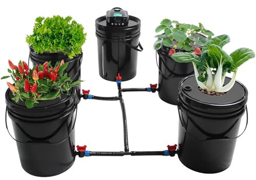 DWC Hydroponics Growing System, 5 Gallon 5 Buckets Deep Water Culture Growing Bucket Hydroponics Grow Kit with Pump and Multi-Purpose Air Hose, for Indoor/Outdoor Leafy Vegetables