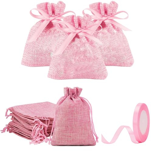 MEISO Lot de 30 sacs en jute pour confettis, sacs à dragées avec ruban de satin pour mariage, baptême, communion, naissance, fête d'anniversaire (Rose)