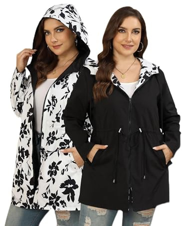 Toplop Veste de pluie pour femme - Grandes tailles - Réversible - Léger - Coupe-vent - Imperméable - Avec capuche - Veste de sport d'extérieur