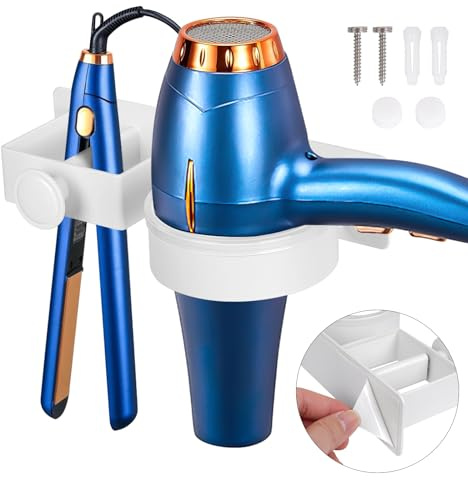 YUET Hair Dryer Holder Hairdryer Straightener Station Wall Mounted/Self Adhesive Spiral Shelf Bracket Stand Hanger Organizer Blow Storage With Cable Tidy Rack For Dyson Dressing Table Bathroom White