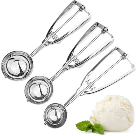 Zeripikfoasp 3 Stück Eisportionierer Edelstahl, Eislöffel Portionierer mit Auslöser, Eiskugelportionierer 4 cm, 5 cm, 6 cm, Eislöffel Edelstahl, Eiscremelöffel, für Eiscreme, Plätzchen, Kuchen Teig