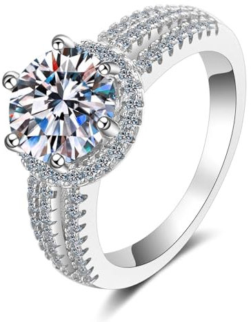 Statement Ring Damen, Memoire Ring 18 Karat (750) Weißgold mit Weißer, Runder, 3 Karat im Labor Gezüchteter Diamant mit 6 Zinken Größe 56 (17.8)