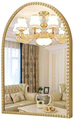 HLFMVWE Large Arch Wall Mirror, Gold 45 x 65CM Arched Mirrors for Bathroom, Vintage Metal Beaded Frame Decor Mirrors for Bedroom Accent Living Room Vanity Entryway