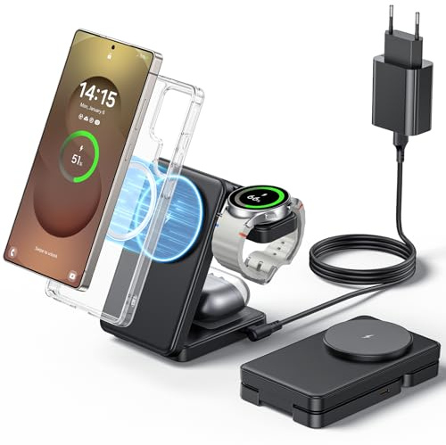 3 in 1 Faltbar Magnetisch Induktive Ladestation für Samsung | Wireless Charger für Samsung Galaxy S26 S25 S24 S23 Ultra/Z Fold/Flip 8/7/6, Galaxy Watch Ultra 8/7/6/5/Pro, Galaxy Buds/Pro