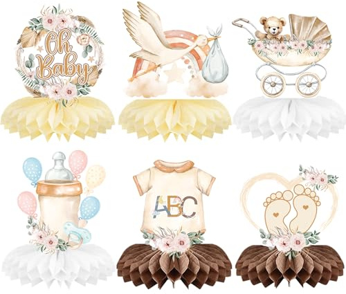 MoguGo 6 Stück Babyparty Deko,Babyparty Tischdeko mit Storch, Babyflasche, Kinderwagen & Strampler – „Oh Baby“ Design – Perfekte Tischdekoration für Baby Shower, Gender Reveal & Babyparty
