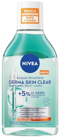 NIVEA Derma Skin Clear Acqua Micellare 400 ml, Struccante viso e occhi con 5% siero con PHA, Acido Salicilico e Niacinamide, Detergente viso, occhi e labbra senza risciacquo per pelle grassa e mista