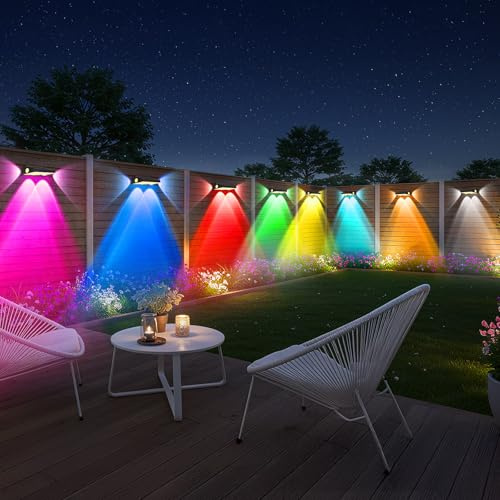 OUTON Solar Fence Lights Outdoor Garden, Warm White & RGB Changing IP65 Waterproof Solar Lights Outdoor, Dusk to Dawn Decking Lighting for Outside Backyard Deck Stair Patio Yard Step Wall, 8 Pack