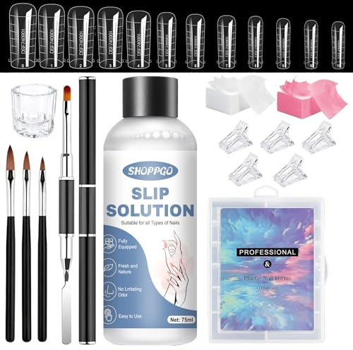 SHOPPGO Slip Solution Polygel, Polygel para Uñas Kit, 75ml Polygel Slip Solution, 120 Tips Uñas Soft Gel, 4 Pincel Acrilico Uñas, 5 Clips de Uña, 1 Vaso de Cristal, 100 Hojas de Limpieza