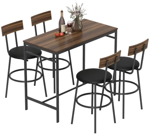 HOMCOM Bartisch mit Barhocker-Set, Platzsparend mit 4 Stühlen, Braun | Esstisch, Fußstütze, Rückenlehne und Polsterung, Stahl, Industrial Küchentisch, für Esszimmer, Küche