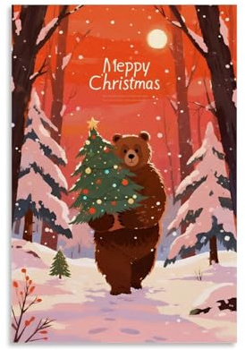 CBWVUWHJW Poster con animali, un orso bruno che porta un albero di Natale, cammina su un sentiero nella foresta innevata, decorazione da parete alla moda, poster artistico da appendere e murale 30 x