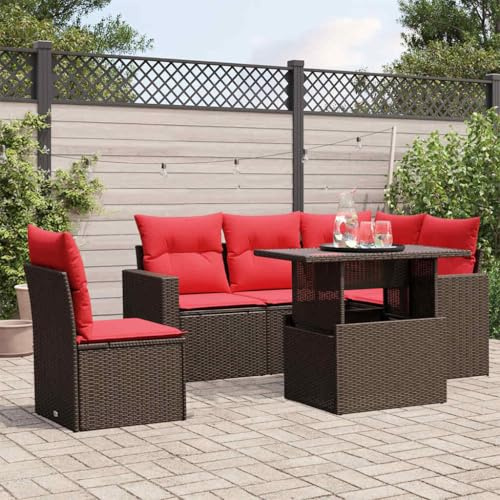 Ensemble de 6 meubles de jardin en polyrotin marron, table réglable, résistant aux UV, groupe de sièges modulaires pour terrasse, balcon, jardin, avec coussins, extérieur