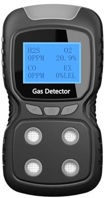 Portable 4 IN 1 Multi Gas Detector, CO, H2S, O2, EX Carbon Monoxide, Combustible Gas Monitor With Clamp, Visual Vibratio High Stability and Sensitivity(Black)