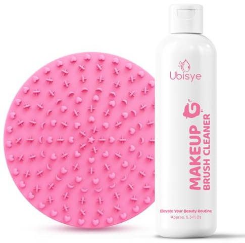 Ubisye Makeup Brush Cleaner, Make Up Cleaner Solution for Makeup Brushes & Sponges with Brush Cleaner Mat Silicone Pad, Deep Clean Brush Shampoo, Gentle Formula Cruelty Free & Vegan 2 Pcs Set
