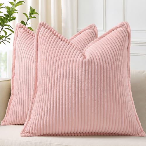 Homaxy 2er Set Kordsamt Kissenbezüge 40x40 cm Rosa | Kordsamt Auf Beiden Seiten, Fransenkanten & Streifen Design, Unsichtbarer Reißverschluss, Pflegeleicht Maschinenwaschbar