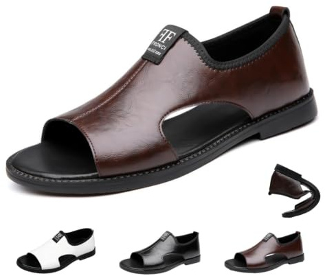 ZDOUXUAN Sandales En Cuir À Bout Ouvert Pour Hommes, Sandales D'été Décontractées À Enfiler, Chaussures Creuses Confortables Pour La Marche Et La Conduite En Plein Air(Brown,44 EU)