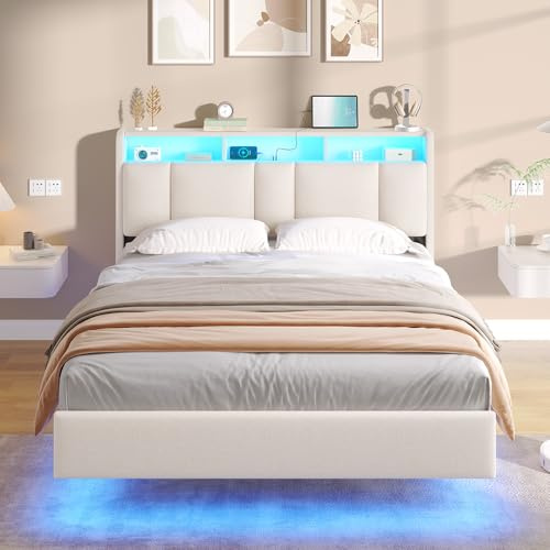 AOGLLATI Double Bed Frame 135x190 cm, 4ft6 Floating Bed, Beige, Linen