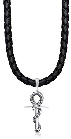 Kuzzoi exklusive Herren Lederhalskette mit Kreuz Schlange Anhänger aus massiven 925 Sterling Silber, Kette aus geflochtenem Rinderleder in schwarz, Länge 50cm - 55cm, Breite 5,5mm, 0111642718