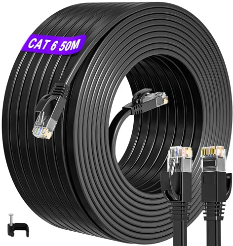 ikbc Lan Kabel 50 meter, Cat 6 Netzwerkkabel 50m High Speed Flach Kabel | Gigabit Internetkabel 1Gbps, Ethernet Lan Kabel unter Teppich, für Modem und Router, inkl. 50 Clips