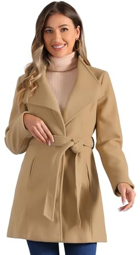 Allegra K Women's Winter Elegant Stand Collar Overcoat Long Belted Pea Coat | Long Sleeve, Classic, Mid-thigh Trench Coats, Outwear With Pockets