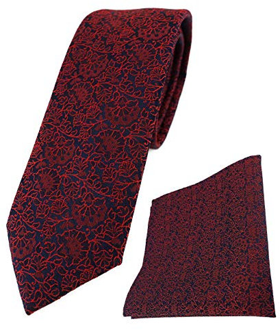 TigerTie schmale Designer Krawatte Designer Einstecktuch in rot weinrot dunkelrot schwarz florales Muster