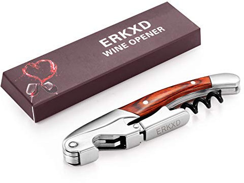 ERKXD Premium Kellner-Korkenzieher All-in-One Edelstahl Weinöffner mit Rosenholzgriff Flaschenöffner, Kapselöffner und gezacktem Folienschneider