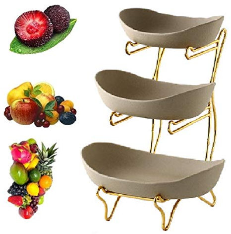 JUNYFFF Fruit Basket, Creative Countertop Ceramic Fruit Etagere, 3-Layer Fruit Bowl (Metal Shelf * 1, Ceramic Bowl * 3), Table Decoration Fruit Basket, Used for Fruit, Bread, Snacks,C