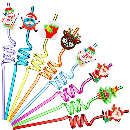 Patelai 24 Pieces Christmas Drinking Straws Bulk Xmas Party Favors with Cartoon Decorations Christmas Plastic Drinking Straws Reusable Swirly Beverages Straws for Birthday Christmas Party Supplies