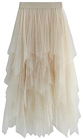 YILEEGOO Gonna da donna in tulle, a vita alta, a strati, a strati, per balletto, ballo di fine anno, festa, tutù, gonna midi a trapezio, Beige, Taglia unica
