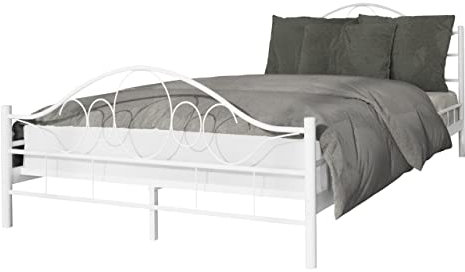 Metallbett Kaziro, Bettgestell mit Lattenrost, Gästebett, Bettrahmen, Rahmen aus Metall mit Kopf-und Fußteil, Metallgestell mit Lattenrost bis 250 kg (Weiß, 160 x 200 cm)
