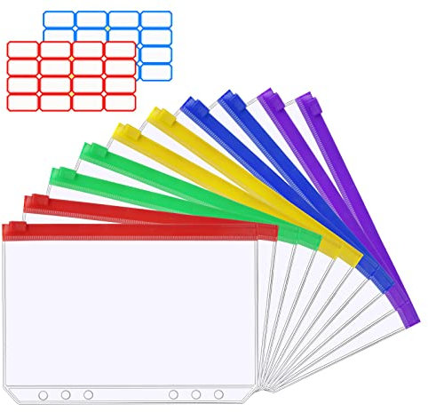 Vicloon 6 Löcher Binder, 10 Stück A5 Binder Taschen,mit 2 Aufkleber Beschriften, Reißverschluss Ordner, Transparente Budget Planner, für Dokumente Notizbücher Ringordner(5 Farben)