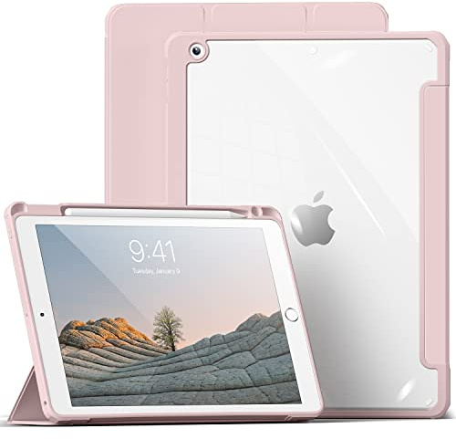 aoub Hülle für iPad 9./8./7. Generation 10,2 Zoll 2021/2020/2019 | Smart Folio Hülle mit Stifthalter für iPad 10,2 9/8/7 Gen, Transparente Rückseite, Auto Schlafen/Wachen, Leichter, Rosa