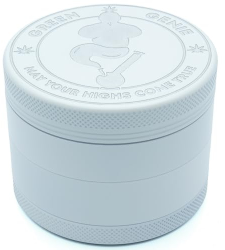 Green Genie - Premium Keramik Grinder - Weiß - ⌀63mm groß - Keramik beschichtet - inkl. Glasmundstück, Pinsel. Pollenschaber und hochwertiger Tragetasche