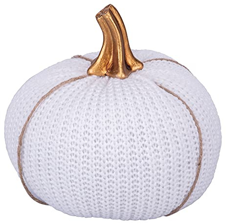 Villa d'Este Home Tivoli Dekorativer weißer Kürbis aus Stoff, Wollgarn-Optik, goldfarben, Ø18 x H 21 cm, Medium
