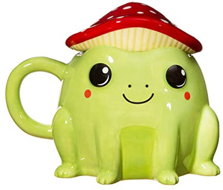 Sass & Belle Frog Mug with Mushroom Lid – Cute 300ml Ceramic Mug with Red & White Toadstool Cover, for Tea or Coffee, Fun Mushroom Cup Gift, Kawaii Animal, Ideal for Home or Office