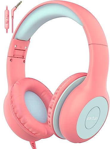 EarFun Kids Headphones, Foldable Headphones for kids, 85/94dB Volume Limiter, Sharing Function, Stereo Sound, Adjustable Headband, Wired Children Headphone with mic for School/Travel/Phone, Pink Blue