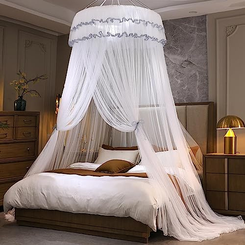 Kertnic Moskitonetz-Betthimmel für Mädchen, Prinzessinnen-Baldachin, Bettvorhang, feines durchsichtiges Netz, Kuppelbetthimmel, Kinder und Erwachsene, Spitzenzelt für Doppelbett, Queen-Size-Bett, Weiß