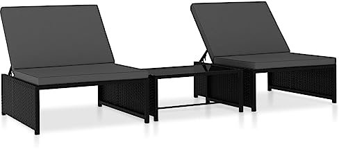 ZEYUAN Sonnenliegen 2 STK. mit Tisch, Gartenliege, Strandliege, Relaxliege Garten, Saunaliege, Campingliege, Poolliege, Liege Garten,Poly Rattan Schwarz