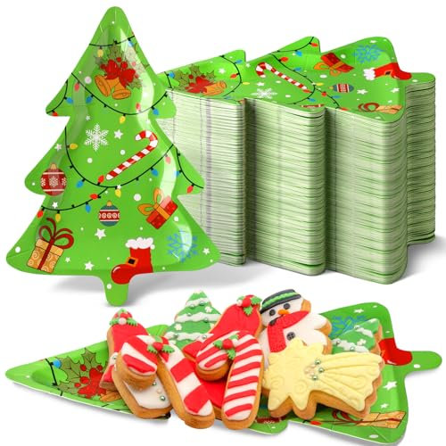 100 Stück 27,9 x 20,9 cm Weihnachten Dessert Pappteller Einwegteller Weihnachtsbaumform Weihnachtsbaum Schale Xmas Dinner Papierschale Weihnachten Party Teller für Kekse Süßigkeiten Salat (Bell)