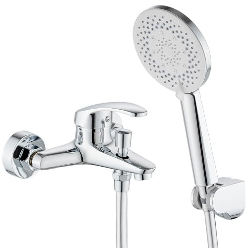 GERUIKE Rubinetto Vasca da Bagno Monocomando con Soffione Doccia Supporto e Tubo - Miscelatore Vasca Esterno con Beccuccio, Flessibile Doccia in PVC 150cm, Doccetta con 5 Funzioni - Argento Cromato