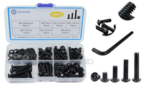 WZHUIDA 150 Stück M5 Schrauben Set, Schwarz Linsenkopfschrauben mit Muttern Sortiment Kit, Halbrundkopf Innensechskant Schrauben, Gewindemaschinen Sechskantschrauben, Kohlenstoffstahl