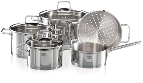 KHG Topfset 5-teilig Edelstahl mit Dünsteinsatz zum Dampfgaren, Induktion Kochtopf 16 cm, 20 cm, 24 cm, Glasdeckel mit Dichtring und Sieb, Kasserolle Innenskala